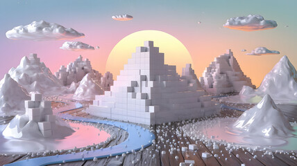 Sugar Cube Mountain: "A surreal sugar cube mountain landscape with a pastel sunset, liquid sugar streams in valleys, and tiny sugar granules scattered like desert rocks on a wooden table." 






