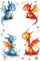 Fototapeta premium Adorable and colorful dragons a whimsical collection of cute dragon characters in playful poses with vibrant colors and magical atmosphere