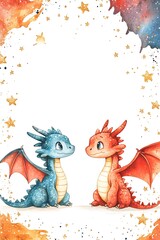 Obraz premium Adorable cartoon dragons engaging in a playful standoff amidst a starry cosmic background perfect for fantasy lovers and kids