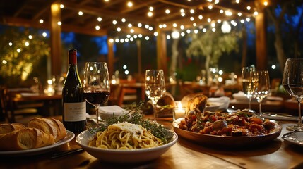 Fototapeta premium The rustic trattoria comes alive at dusk, featuring an inviting table set with delicious Italian pasta, wine, and fresh bread, illuminated by warm, twinkling lights