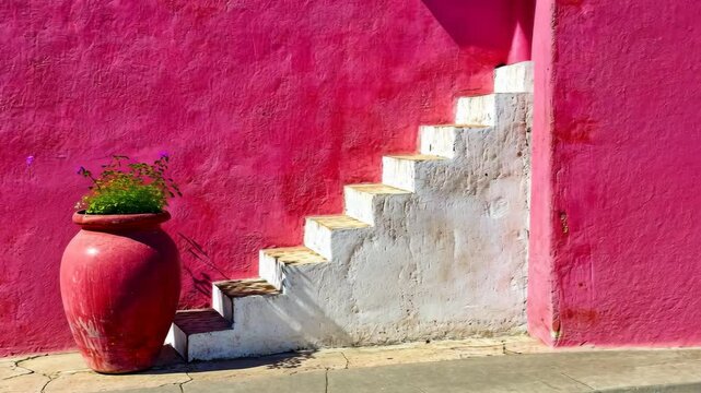A pink wall with white stairs and a terracotta pot with flowers in front of it