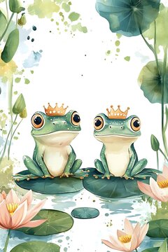Two charming frogs with crowns sitting on lily pads surrounded by beautiful water lilies in a serene natural setting