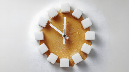 "Abstract clock made of melting sugar cubes, transforming into a sugary liquid over time. The clock hands are frozen, symbolizing time and the impact of sugar, set against a stark white background."

