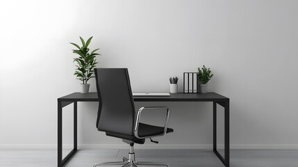 110. Minimalist office setup with a black chair, sleek desk, and small plant
