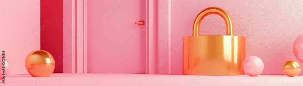 Poster a simple golden lock on pink background as secure orchestration and management of serverless functio