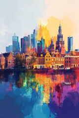 Obraz premium The, Pop Art style theme print. Cityscape, city skyline.Vibrant, bright, modern, trendy, graphic designed for poster, card, wallpaper