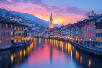 Fototapeta premium European Cityscape with a Church Spire and Water Reflections at Sunset