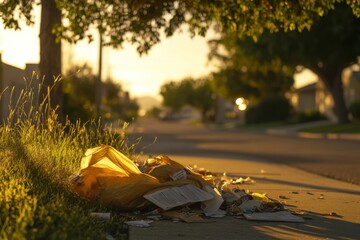 Litter on a sidewalk during golden hour.