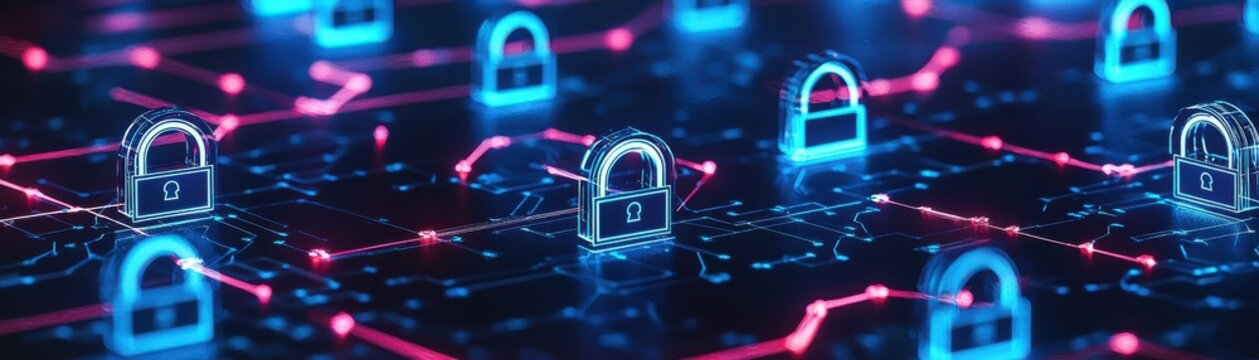 A pattern group of glowing neon locks on futuristic background as security information and event management (SIEM) system, SIEM, Centralizing security data