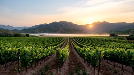 Fototapeta premium Sunrise illuminates lush vineyard landscape with rows of grapevines under clear sky