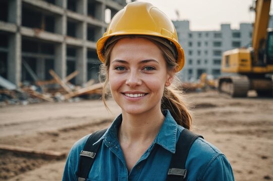 Close portrait of a smiling young Russian woman construction worker looking at the camera, Russian outdoors construction site blurred background