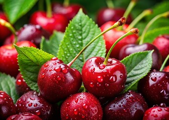 Fresh Red Cherries with Water Drops on Green Leaves - Sweet Ripe Fruit Photography, Nature's Bounty, Healthy Snacks, Summer Harvest, Organic Produce, Juicy Fruits, Food Aesthetics