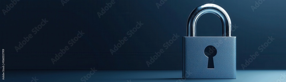 Poster a simple metal lock on dark blue background as zero trust security model implementation ensuring rig