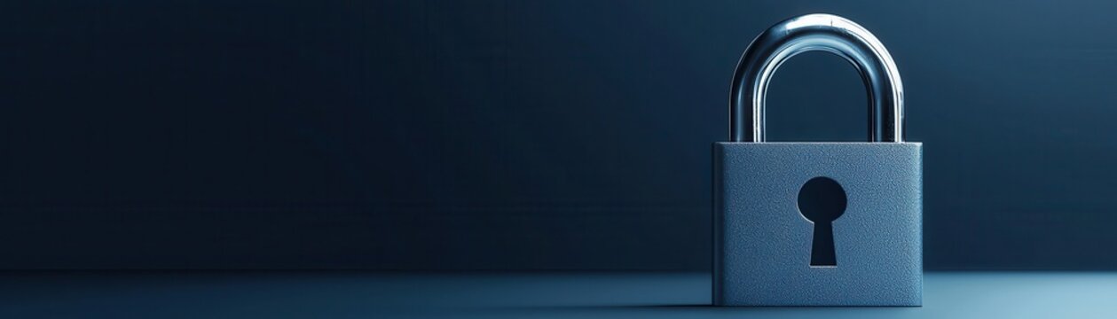 A simple metal lock on dark blue background as Zero trust security model implementation ensuring rigorous security protocols