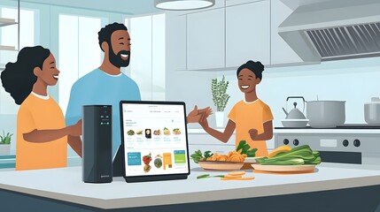 Family using a voice-activated AI device to browse meal kit options and delivery times, with options displayed on a linked tablet