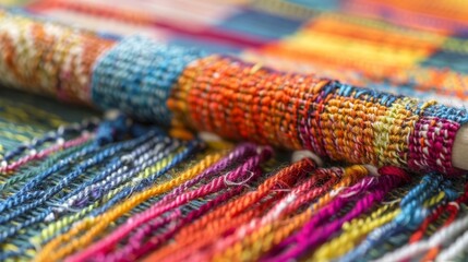 A weaving in progress with different types of yarn being carefully inter to create a textured and colorful work of art.