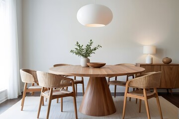Minimalistic dining room with a round wooden table, wooden chairs, and a modern lamp with elegance decor.