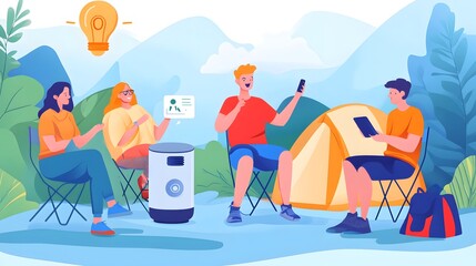 Group of friends using a voice-activated AI assistant to plan an outdoor trip, receiving product recommendations for camping gear