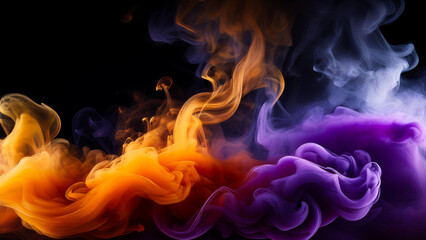 Thick smoke of orange and purple colors, mixed, on a dark background. 