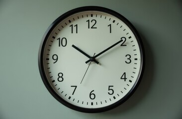 Close-up minimalistic round black and white clock on grey-green wall background, showing ten minutes past ten
