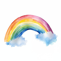 A colorful cartoon rainbow arches across a bright sky with fluffy clouds beneath it
