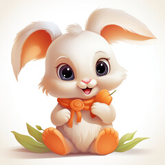 A cute cartoon bunny sitting on green grass, joyfully holding a carrot with a big smile