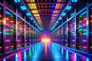 Obraz premium Futuristic Data Center with Glowing Lights and High-Tech Atmosphere, Showcasing Neon Colors, Modern Architecture, and Innovative Technology in a Captivating Digital Environment