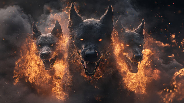 A three-headed hellhound with fire