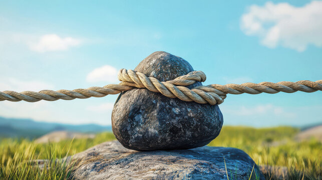 Stone Tied with Rope in Natural Landscape
