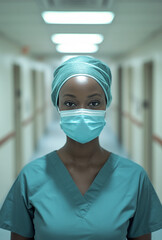 A portrait of an African nurse in scrubs and a mask, standing at the end of a hospital hallway.