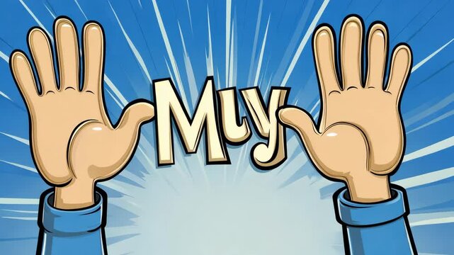 Two cartoon hands hold up the word Muy against a blue background with white lines radiating out