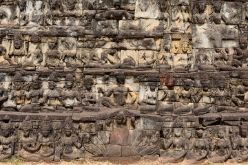 Bas-relief Sculpture on the wall Terrace of Elephants at Bayon temple in Angkor Thom, Siem Reap, Cambodia.