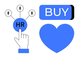 Hand pressing HR button connected to people icons, blue heart, and BUY button symbolizing different interests and actions. Ideal for HR, e-commerce, love, decision-making, digital interaction