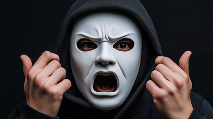 Person in a white mask looking intensely into the camera.