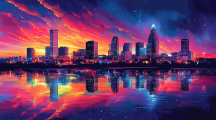 Obraz premium Tulsa, USA, Pop Art style theme print. Cityscape, city skyline.Vibrant, bright, modern, trendy, graphic designed for poster, card, wallpaper