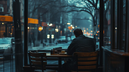Fototapeta premium Man sitting in a cafe observing a rainy city street.