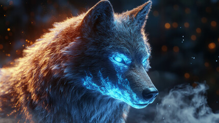fantasy wolf in the forest with blue fire