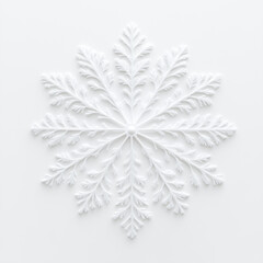 Intricate white paper-cut snowflake design with delicate fern-like branches and radial symmetry on a subtle background, evoking winter elegance and minimalist beauty. Concept of seasonal decor