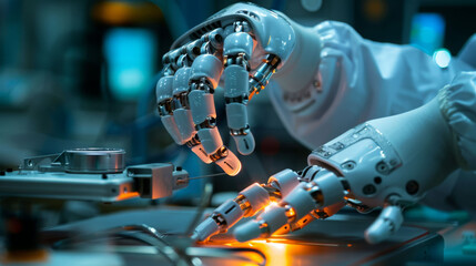 Fototapeta premium Close up on hands of medical robot performing intricate tasks in high tech environment, showcasing precision and advanced technology