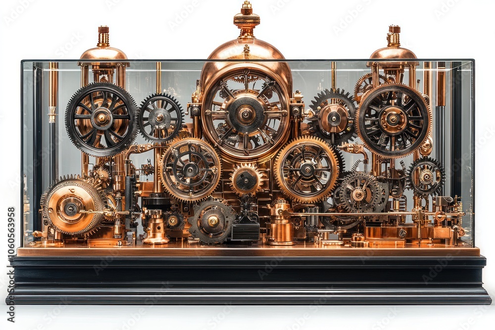 Poster ornate copper and brass clockwork mechanism in a glass display case