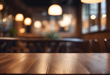 A cozy cafe interior with wooden tables and chairs, softly lit by warm pendant lights. The background is slightly blurred, creating a relaxed atmosphere, ideal for socializing or working.