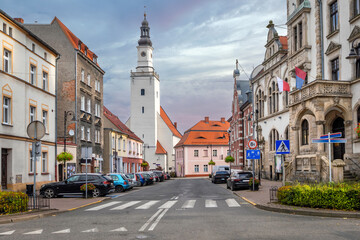 Kamienna Gora, Poland. View of plac Grunwaldzki square and Church of Sts. Peter and Paul