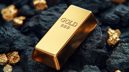 gleaming gold bar rests amidst dark rocks and small gold nuggets, symbolizing wealth and luxury. contrast highlights bar shine and value