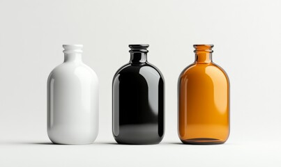 A mockup featuring black, white, and amber bottles isolated on a white background. Suitable for various purposes such as medical, cosmetic, and food packaging. Rendered in vector
