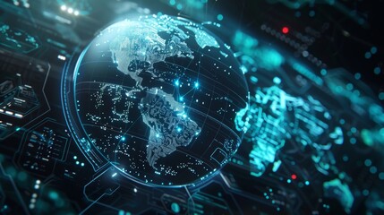 Futuristic digital hologram showing a rotating earth globe with data connections, representing global communication and future technologies