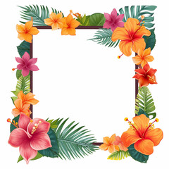 Obraz premium Colorful cartoon floral frame with tropical flowers and green leaves for creative designs