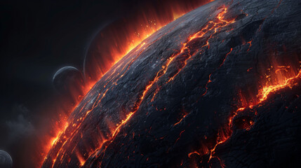 close up view of dark planets surface, illuminated by fiery lava and cracks, evokes sense of otherworldly beauty and danger. surrounding celestial bodies add to cosmic atmosphere
