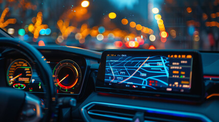 close up view of cars digital display showcasing navigation system, with vibrant city lights in background creating lively atmosphere. dashboard features various gauges and indicators, enhancing