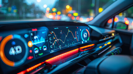 close up view of modern electric cars digital display, showcasing vibrant graphics and data. dashboard features speed, navigation, and performance metrics, creating high tech ambiance