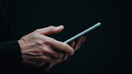 close up view of person hand holding smartphone, showcasing modern technology and communication. dark background emphasizes device